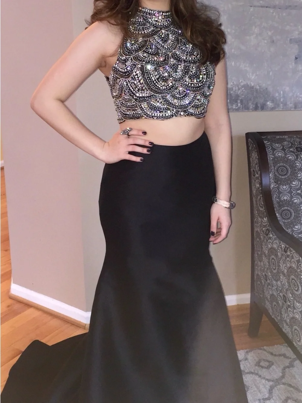 Jovani Black Beaded Halter Neck Formal Gown Prom Dress Size 4 Scalloped Bodice - Picture 2 of 12